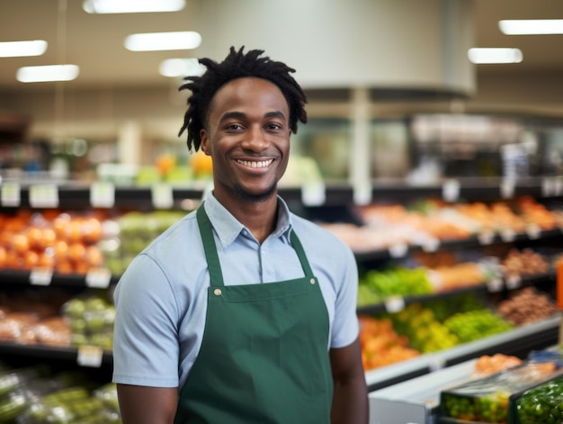 Un employé de supermarché souriant portant un tablier vert se tient fièrement dans la section des produits frais