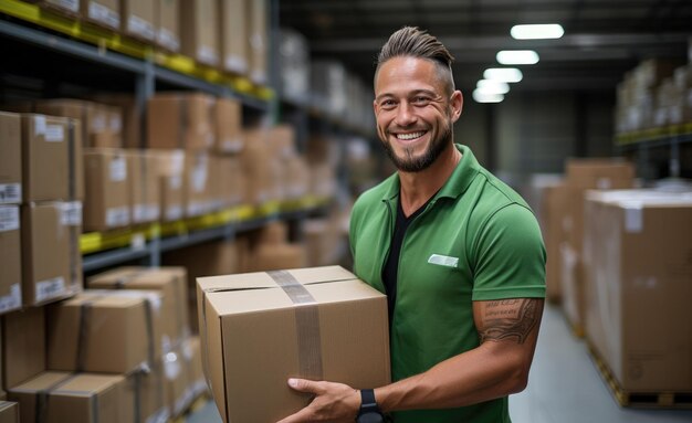 Photo employé tenant une boîte et souriant dans un entrepôt portant un tissu de couleur solide brillante