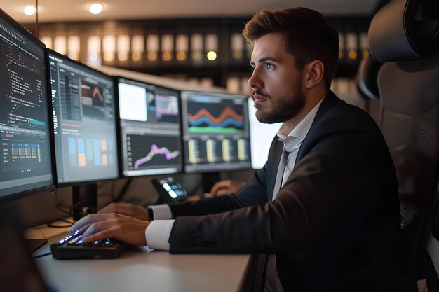 Employé travaillant sur l'écran d'ordinateur du système de trading financier