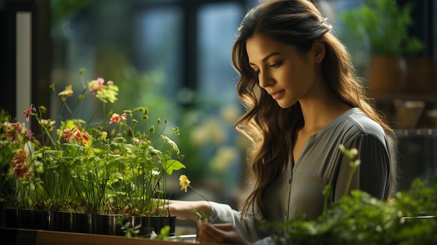 Employée de bureau arrosant des fleurs