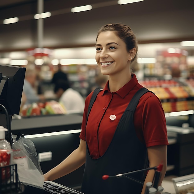 Une employée dans un supermarché se tient à la caisse et s'occupe de ses clients de manière photoréaliste