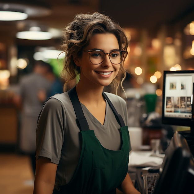 Une employée dans un supermarché se tient à la caisse et s'occupe de ses clients de manière photoréaliste