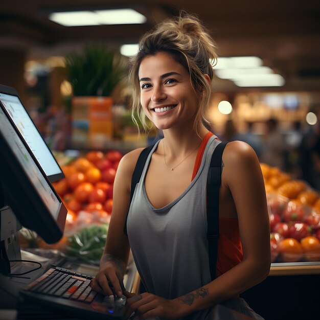 Une employée dans un supermarché se tient à la caisse et s'occupe de ses clients de manière photoréaliste