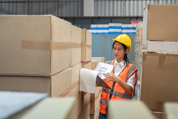 Employée d'entrepôt asiatique avec presse-papiers vérifiant le produit dans une boîte en carton dans un entrepôt d'usine