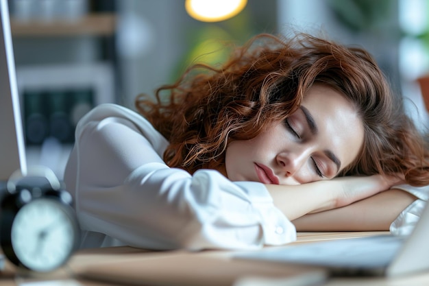 une employée fatiguée qui dort sur la table du bureau