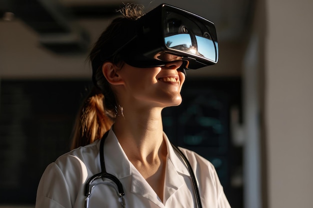 Employée de lutte contre l'épidémie, femme en VR avec un sourire