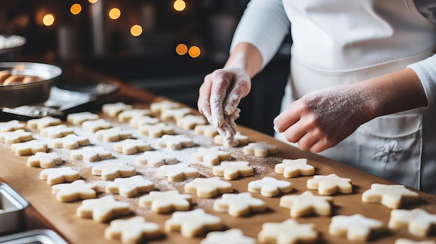 Une employée prépare des biscuits de Noël pour une fête de bureau dans la cuisine générée par l'IA