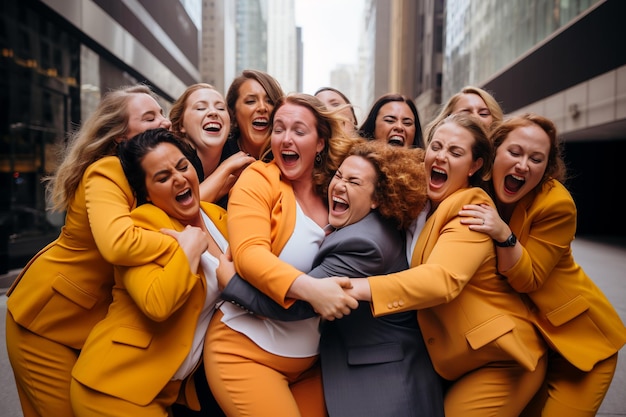 Employées en surpoids en costumes orange et patron en costume gris célébrant joyeusement