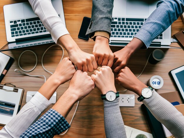 Photo des employés de bureau joignent leurs poings pour symboliser le travail d'équipe.