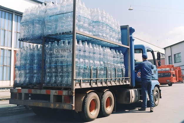 Des employés d'un entrepôt chargent un camion d'eau minérale.