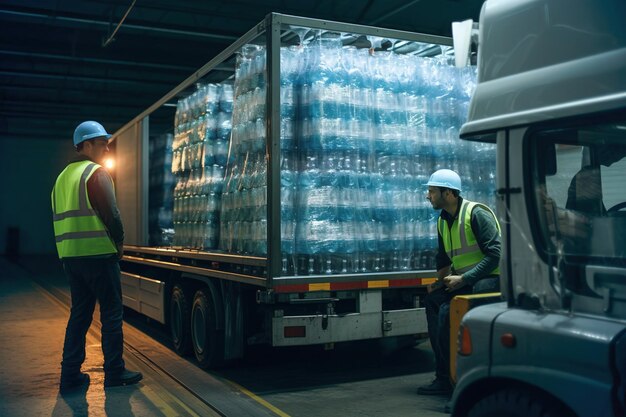 Photo des employés d'un entrepôt chargent un camion d'eau minérale.