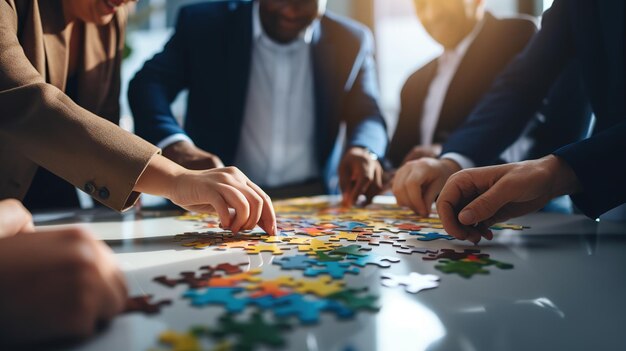 Employés de l'entreprise jouant à un jeu et joignant des pièces de puzzle lors d'une activité de team building, image du travail d'équipe