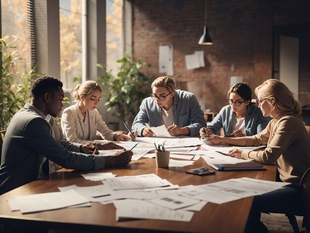 Employés examinant le rapport financier