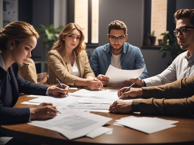 Employés examinant le rapport financier