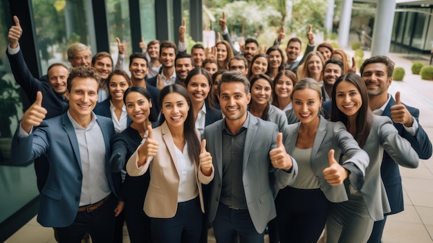 Des employés très heureux lèvent le pouce en recommandant les services de bonne qualité de l39entreprise Des collègues souriants de différentes nationalités célèbrent le succès ou la victoire