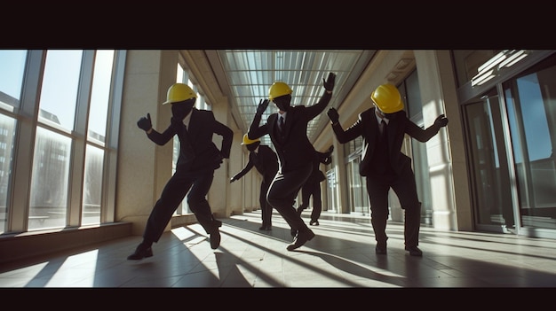 Photo des employeurs portant des costumes sombres et intelligents dansant dans un couloir ferme