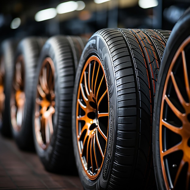 Photo emporium de pneus gros plan de pneus de voiture en vrac dans un magasin présentant une variété pour la taille des publications sur les réseaux sociaux