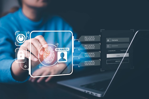 Empreinte digitale tactile à la main avec global virtuel avec connexion de cybersécurité Informations d'identification de l'utilisateur cybersécurité et cryptage accès sécurisé aux informations personnelles des utilisateurs Internet sécurisé