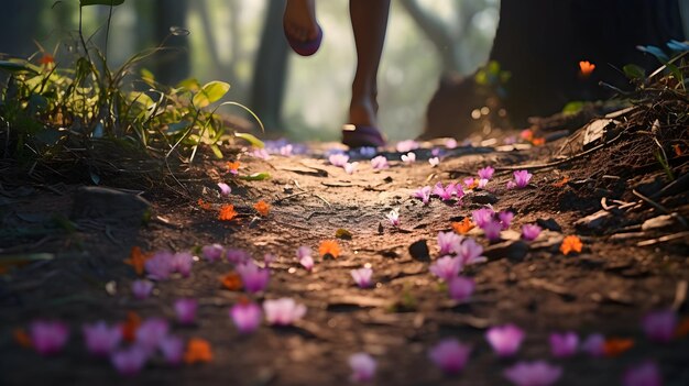 Photo une empreinte sur un sentier bordé de fleurs