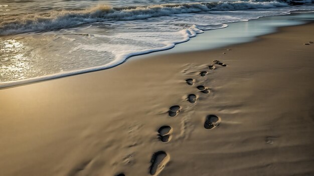 Des empreintes dans le sable de la mer menant le long de la mer Ai Generative