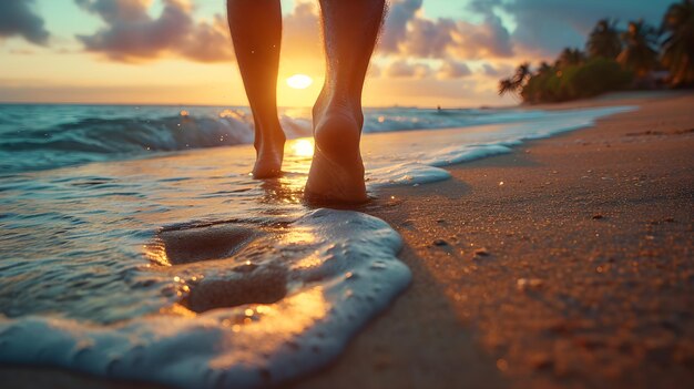 Les empreintes de la liberté Voyage à pieds nus le long de l'océan au coucher du soleil AI générative