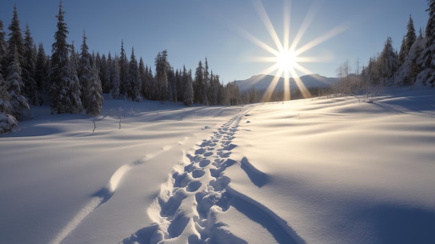 Empreintes de pas dans la neige en forêt coucher de soleil fond loisirs actifs sports d'hiver rayons de la nature