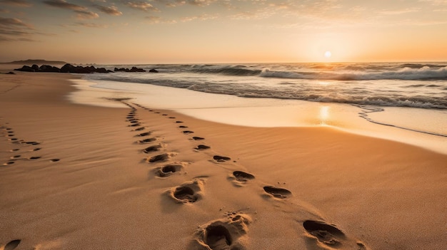 Empreintes de pas dans le sable au coucher du soleil avec le soleil se couchant derrière eux