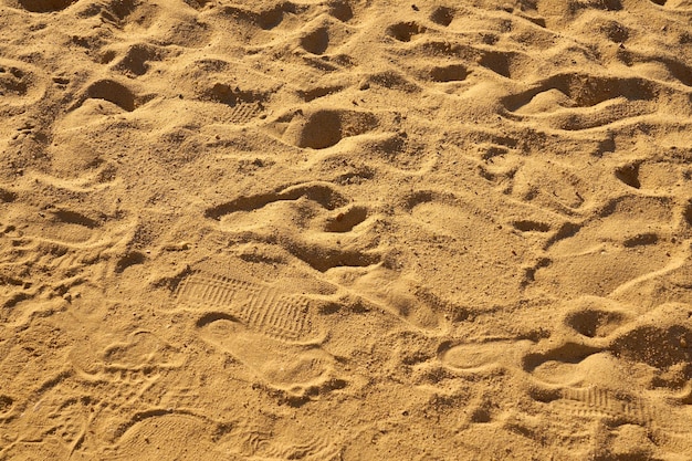 Empreintes de pas dans le sable au soleil en toile de fond