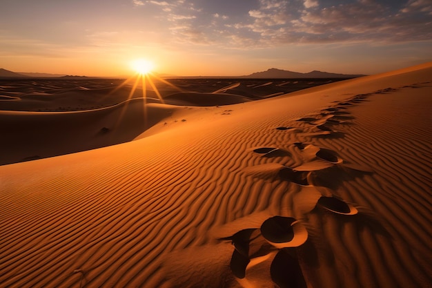 Empreintes de pas dans le sable dans le désert pendant le coucher du soleil réseau de neurones ai généré