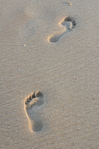 Empreintes de pas dans le sable sur la plage