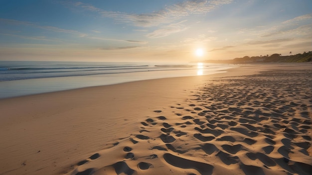 Des empreintes de pas qui mènent le long d'une plage tranquille au lever du soleil.