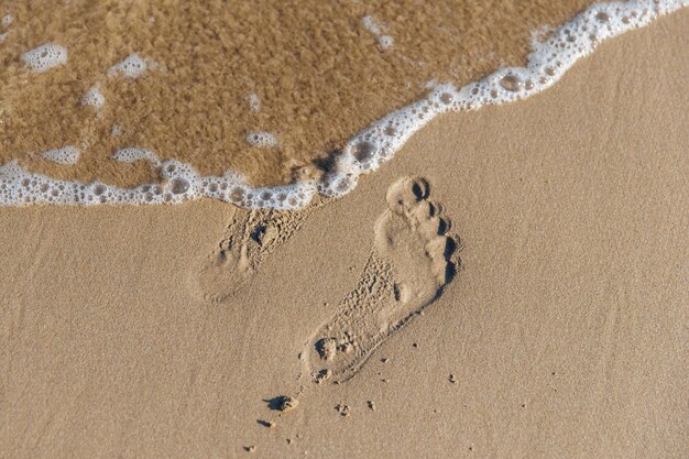 Empreintes de pas sur le sable humide au bord de la mer