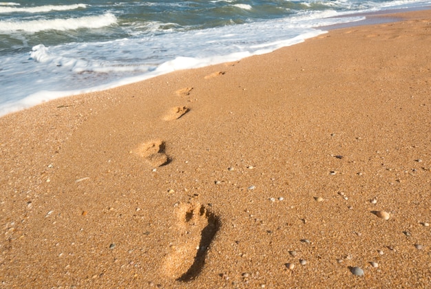 Empreintes de pas sur le sable humide menant aux vagues de la mer par une chaude journée d'été ensoleillée. Le concept des vacances tant attendues et des vacances en mer. Espace de copie
