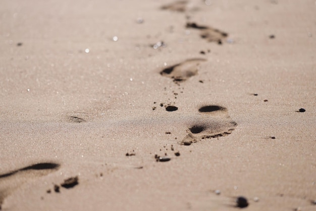 Empreintes de pieds humains sur le sable doré de la plage