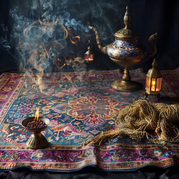 Photo l'encens et les bâtons d'encens sont sur un tapis coloré avec une bougie allumée