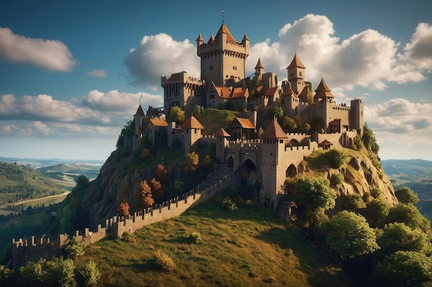 Photo enchantant château au sommet d'une colline surplombant des vallées pittoresques