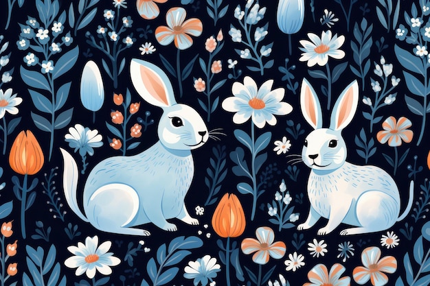 Enchantant lapin de Pâques et motif d'œuf avec des fleurs de printemps sur l'IA générative sombre