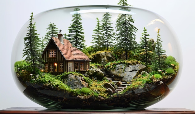 Enchantant terrarium miniature de forêt avec un chalet confortable