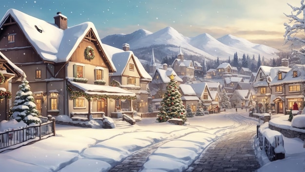 Photo enchantant village de noël vintage un paysage d'hiver serein au charme des fêtes