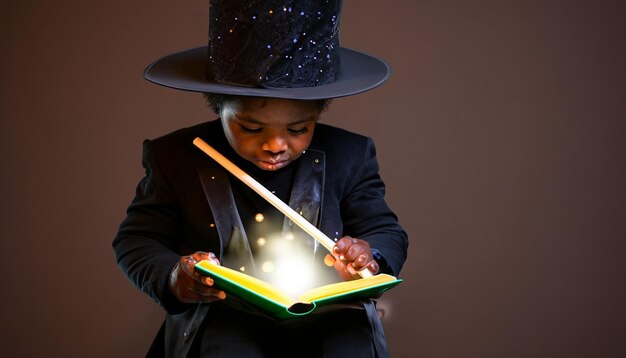 Photo enchanted beginnings tiny magicianintraining avec baguette et livre de sorts embarquement pour le voyage