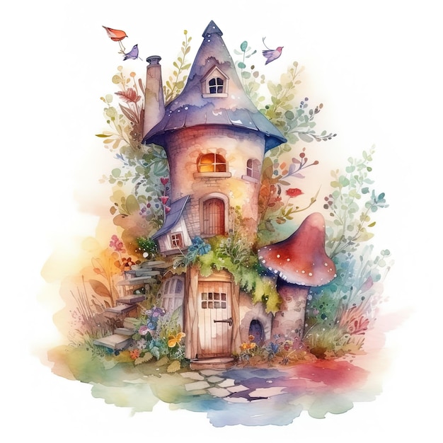 Enchanted Spring Haven Fairy House dans un jardin d'aquarelle détaillé