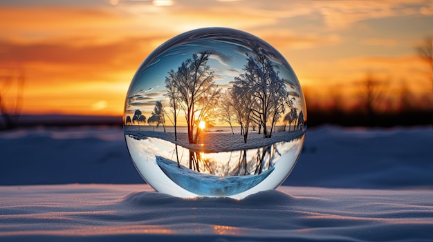 L'enchantement de l'hiver embrasse le coucher de soleil doré à travers une lentille de cristal dans la sérénité enneigée par l'IA générative