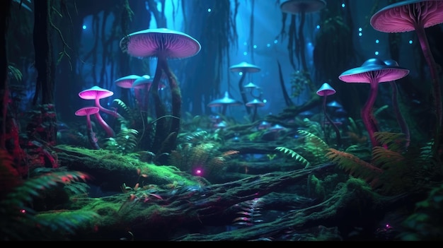 Un enchantement lumineux Une jungle de champignons bioluminescents