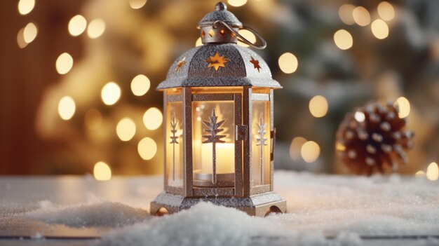 Enchantement de table enneigée Une toile de fond défocalisée rehausse l'allure d'une lanterne de Noël