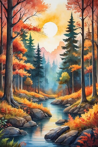 Enchanteur coucher de soleil d'automne Aquarelle paysage forestier