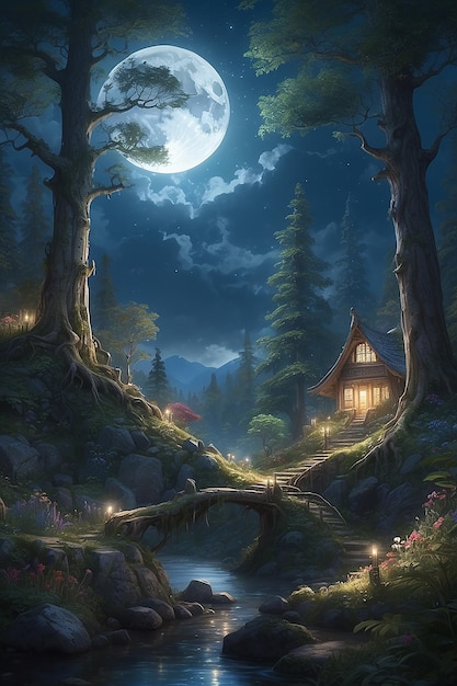 Enchanteur éclairé par l'illumination douce du clair de lune dans une forêt mystique qu'il affiche