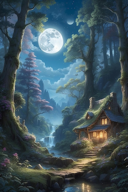 Enchanteur illuminé par la douce illumination du clair de lune dans une forêt mystique qu'il affiche