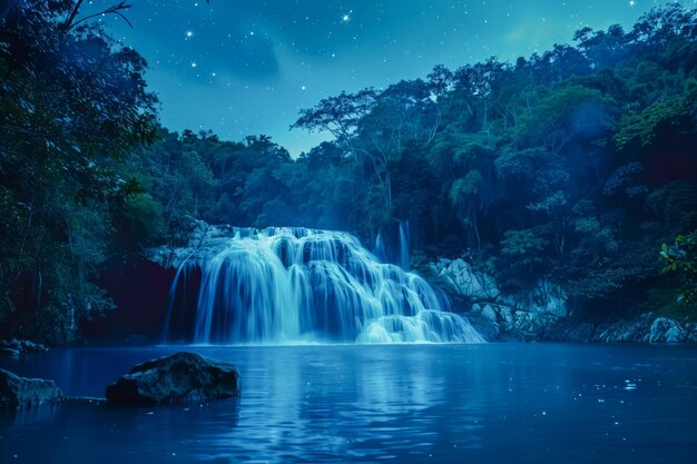 Enchanteuse cascade du crépuscule Cascade sereine et forêt luxuriante sous le ciel étoilé de la nuit