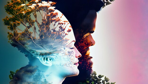 Photo enchanting double exposure portrait side profile face and nectar blend in captivant harmony