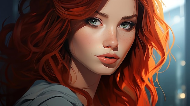 Enchanting Redhead Female Model Cartoon Yeux captivants et sourire séduisant